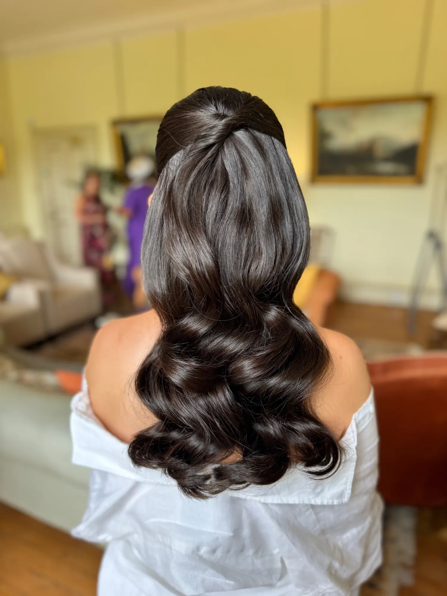 From behind: a dark half-up style with volume at the crown and long, glossy brushed-out waves